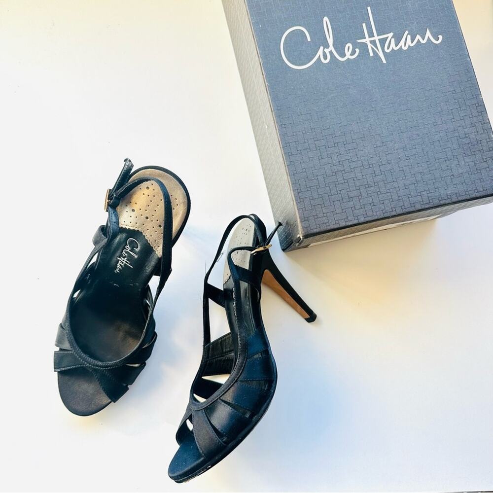 COLE HAAN Black Sari Nike Air Slingback Satin Caged 4.5” Heel Sandals Shoes 6.5